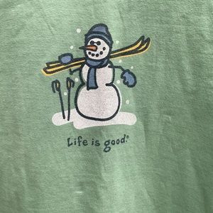 Life is Good Long Sleeve tee with Snowman & skis, Spearmint Green, NWT
